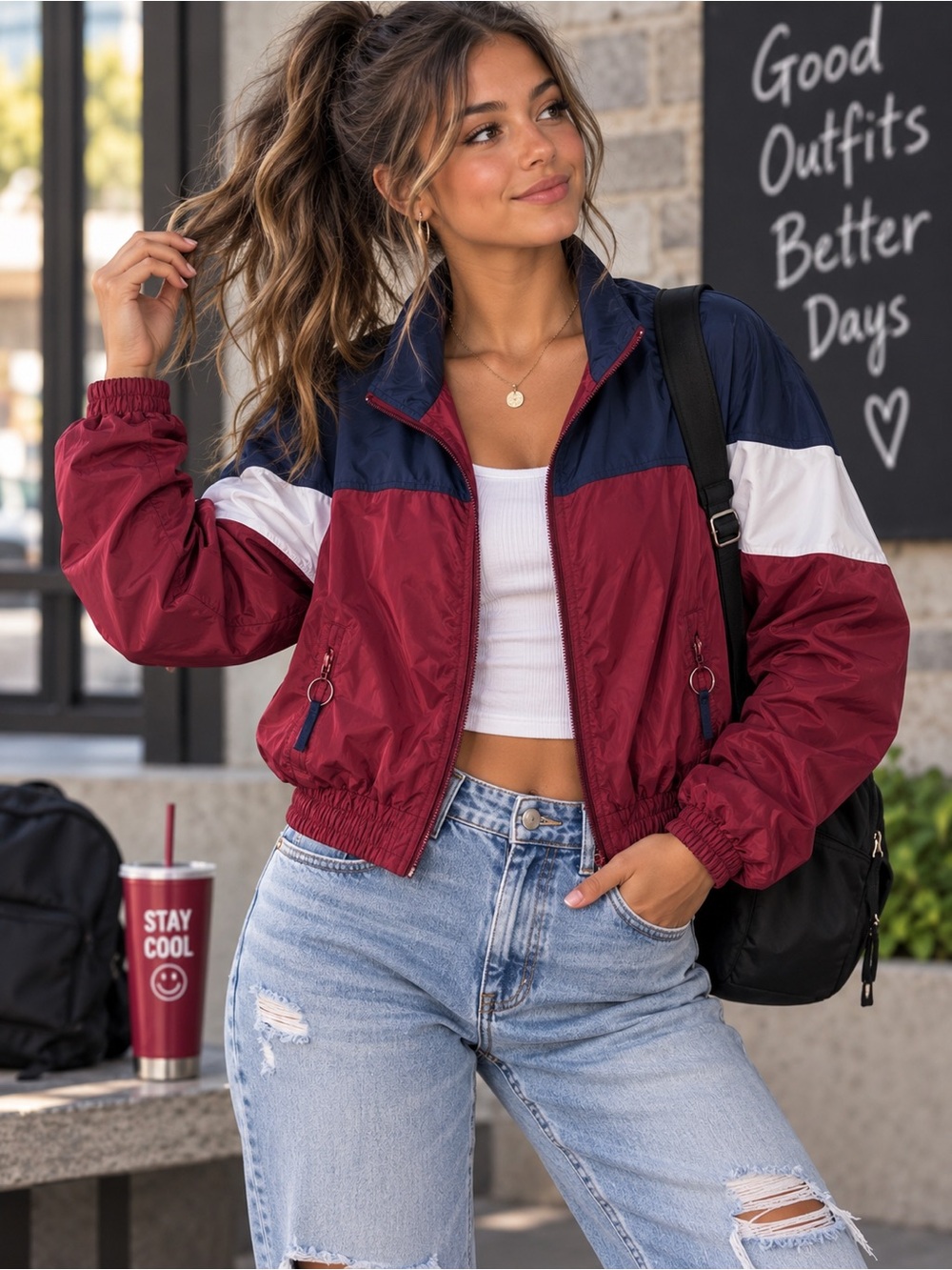 Rue21 Colorblock Windbreaker Jacket Y2K 90s Retro Sporty Streetwear Burgandy